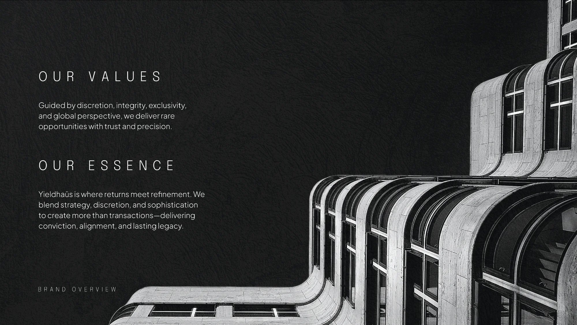 Brand book slide: OUR VALUES, OUR ESSENCE, BRAND OVERVIEW