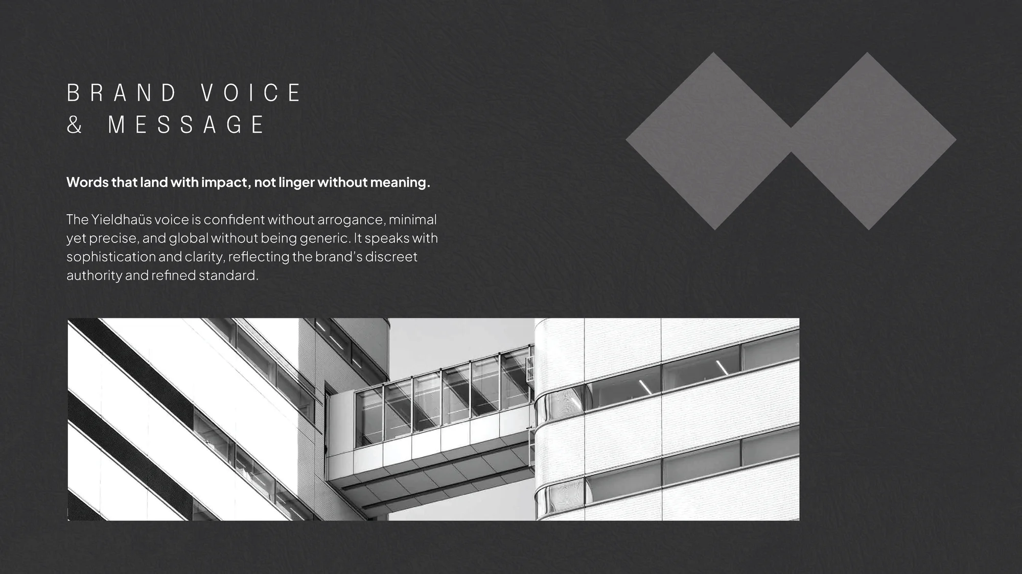 Brand book slide: BRAND VOICE & MESSAGE. Words that land with impact, not linger without meaning. The Yieldhaüs voice is confident without arrogance, minimal yet precise, and global without being generic. It speaks with sophistication and clarity, reflecting the brand's discreet authority and refined standard.