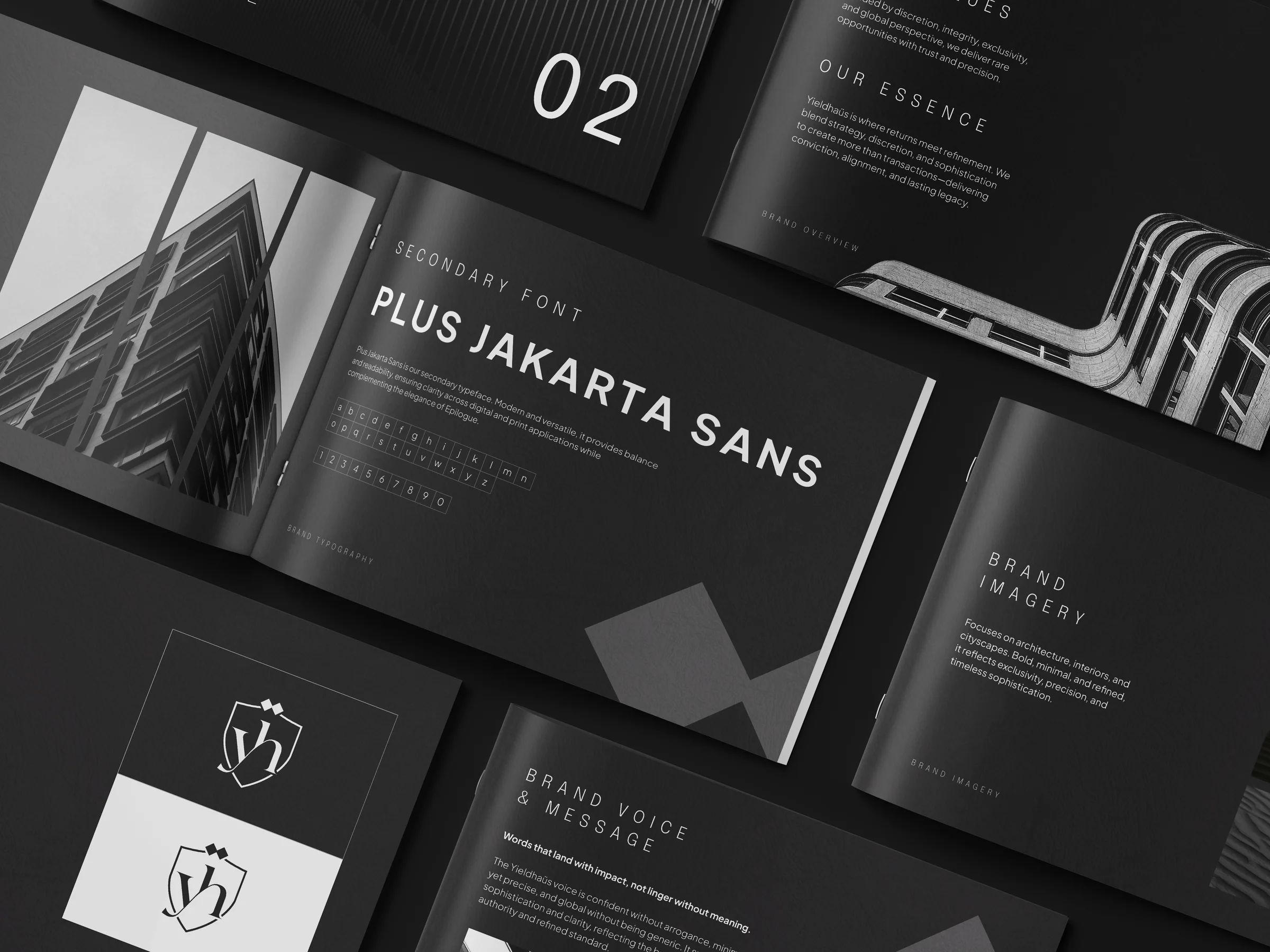 Yieldhaüs brand guideline booklets: SECONDARY FONT / PLUS JAKARTA SANS, BRAND IMAGERY, BRAND OVERVIEW