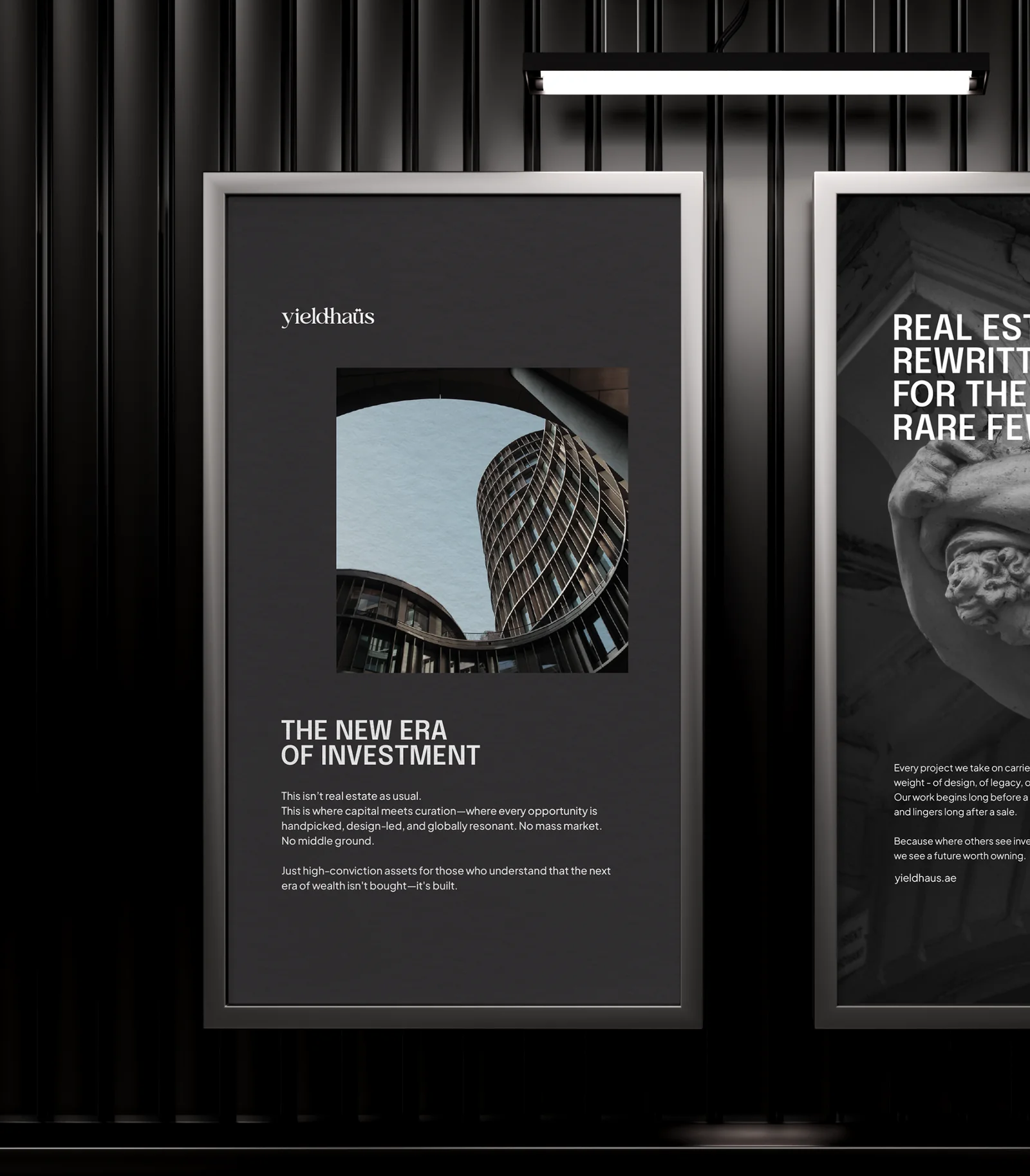 Two framed posters, “THE NEW ERA OF INVESTMENT”, in a dark slatted hall