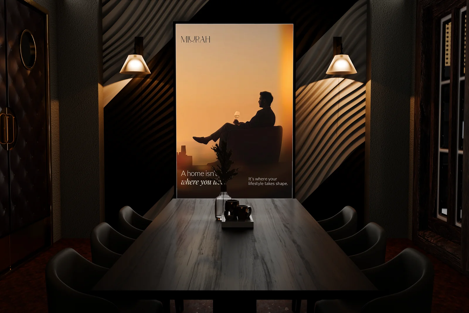 Miorah poster in a dark dining room