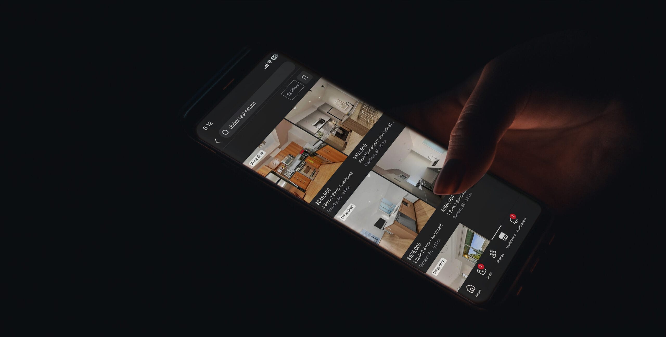 Smartphone browsing Dubai real estate listings on a property app