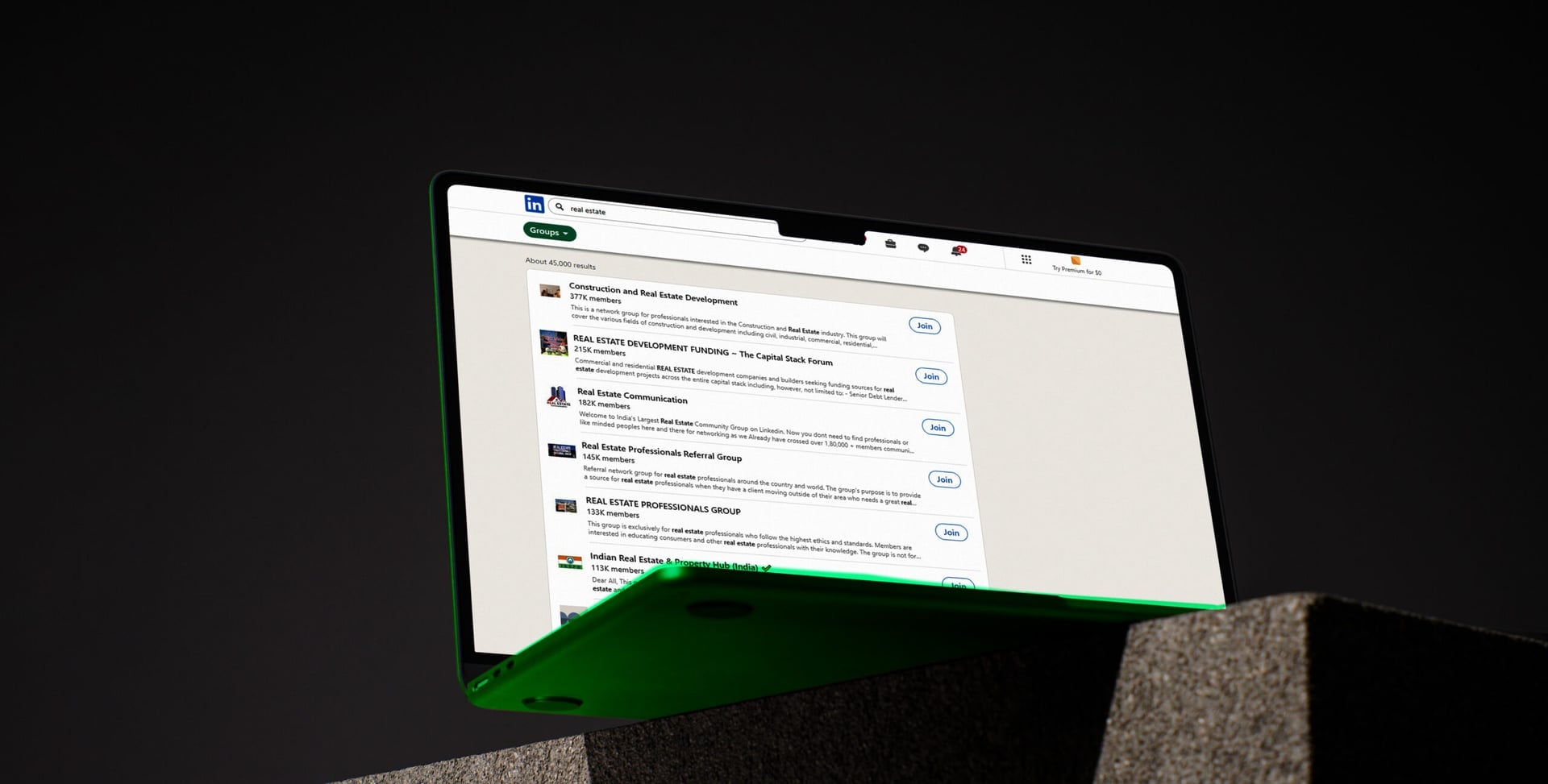 LinkedIn group search results, real estate networking and lead generation