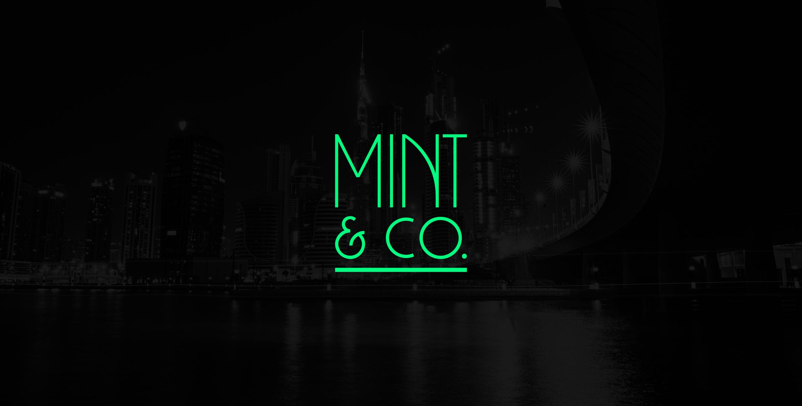 Mint & Co. logo over Dubai Marina skyline, real estate marketing agency