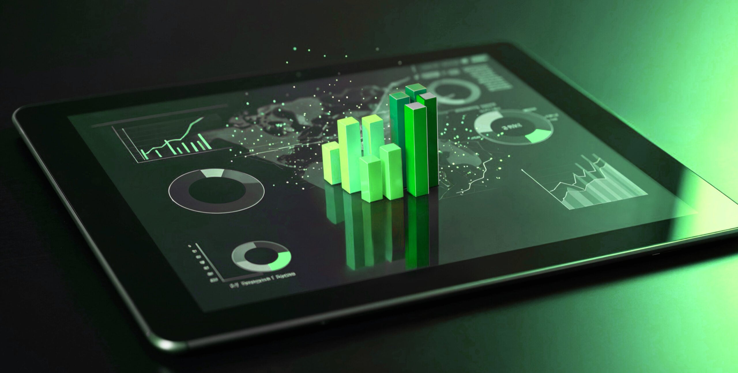 3D analytics dashboard on tablet, real estate marketing performance data