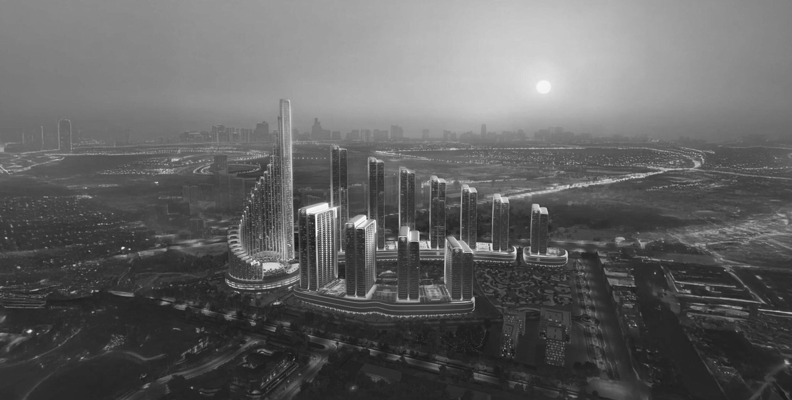 AI-rendered Dubai skyscraper cluster at night, real estate architectural visualization