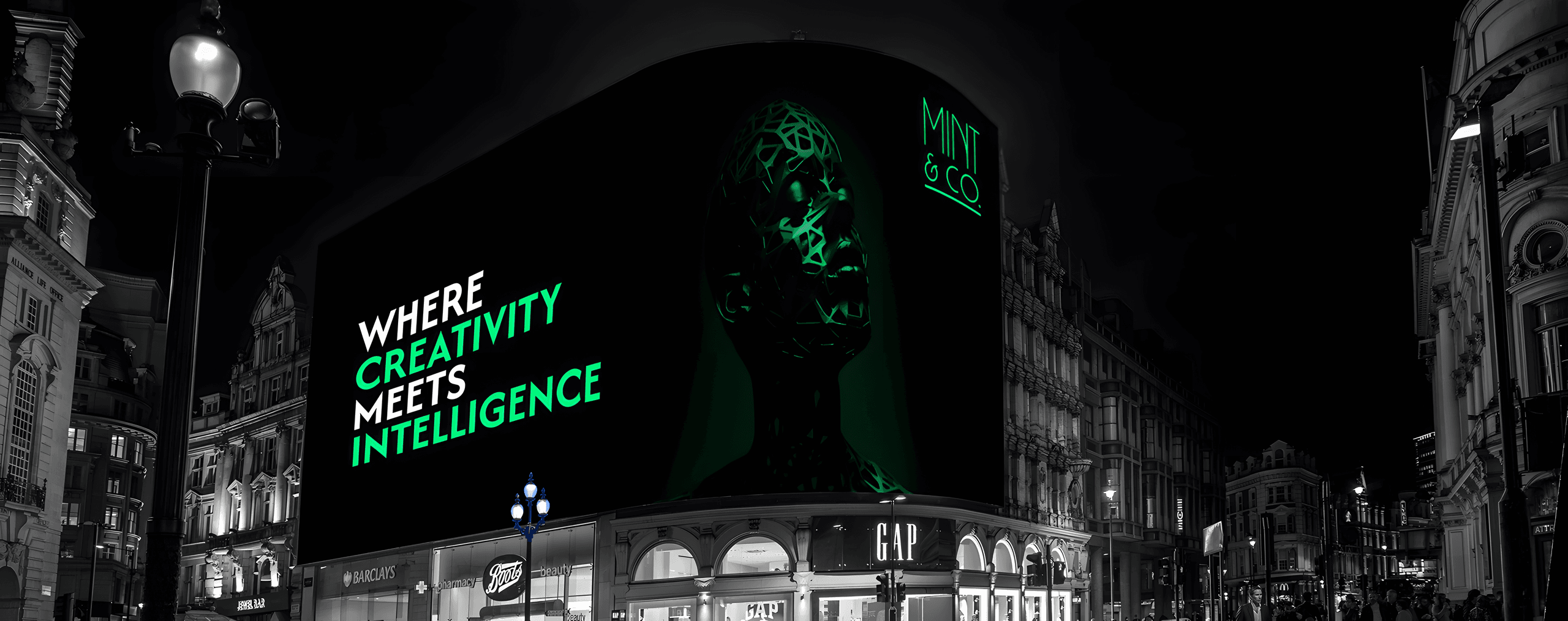 Mint & Co. digital billboard at night: Where creativity meets intelligence