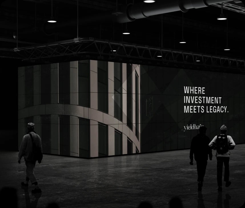 Investment tagline illuminated building exterior