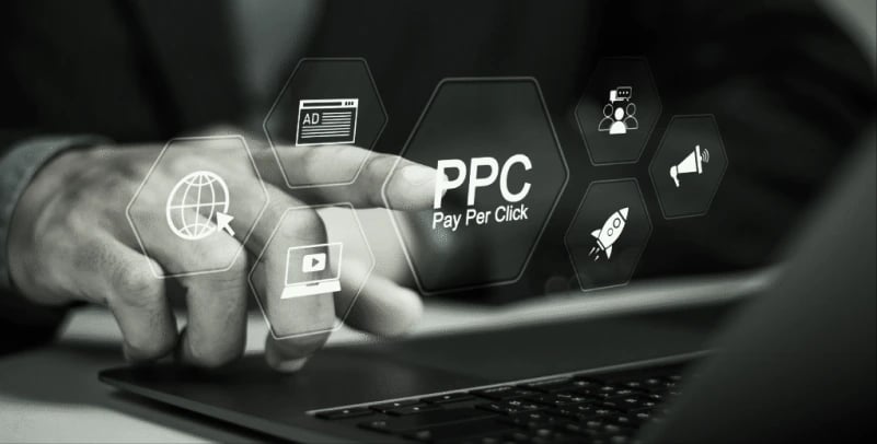 PPC, ads and video icons around a laptop, pay-per-click for real estate