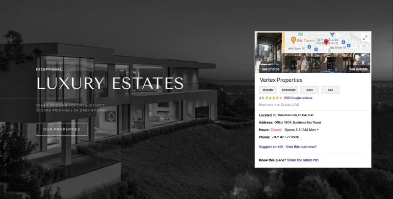 Google Business Profile panel on luxury estate site, local SEO for real estate agents