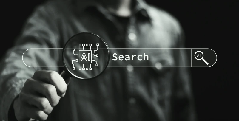 Magnifying glass over AI search bar, AI search optimization for real estate