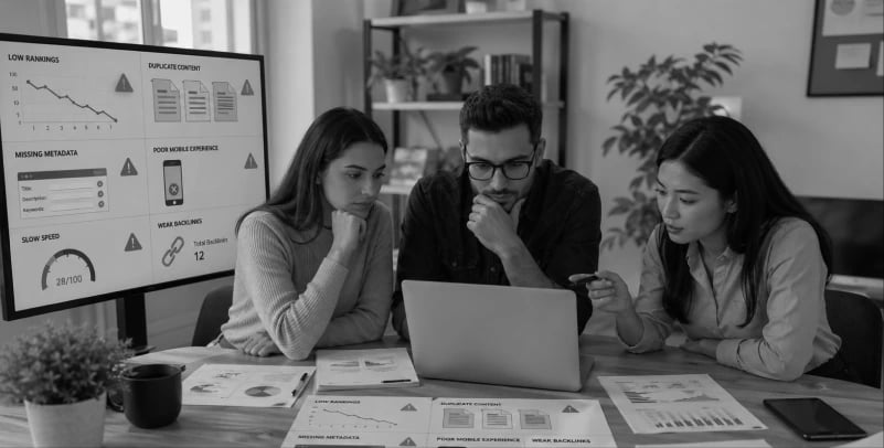 SEO issues screen, technical SEO audit for real estate websites