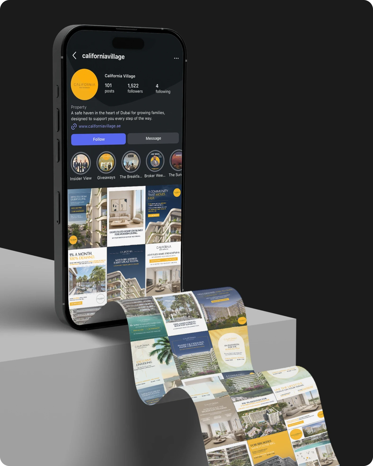 Phone showing a real estate Instagram profile with a ribbon of property posts