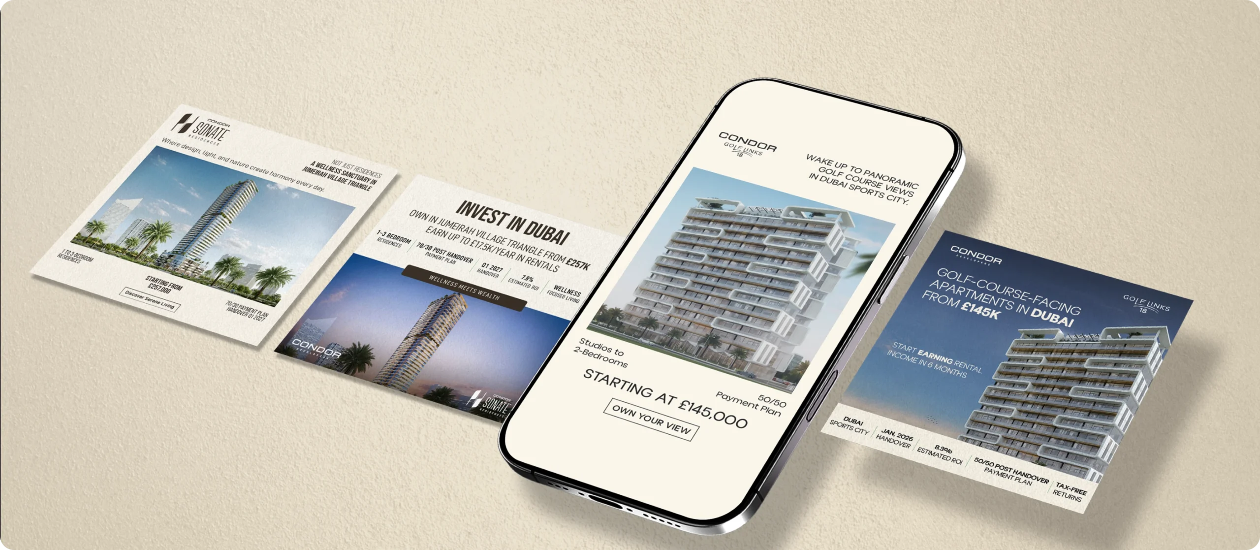 Real estate social media post designs around a phone mockup