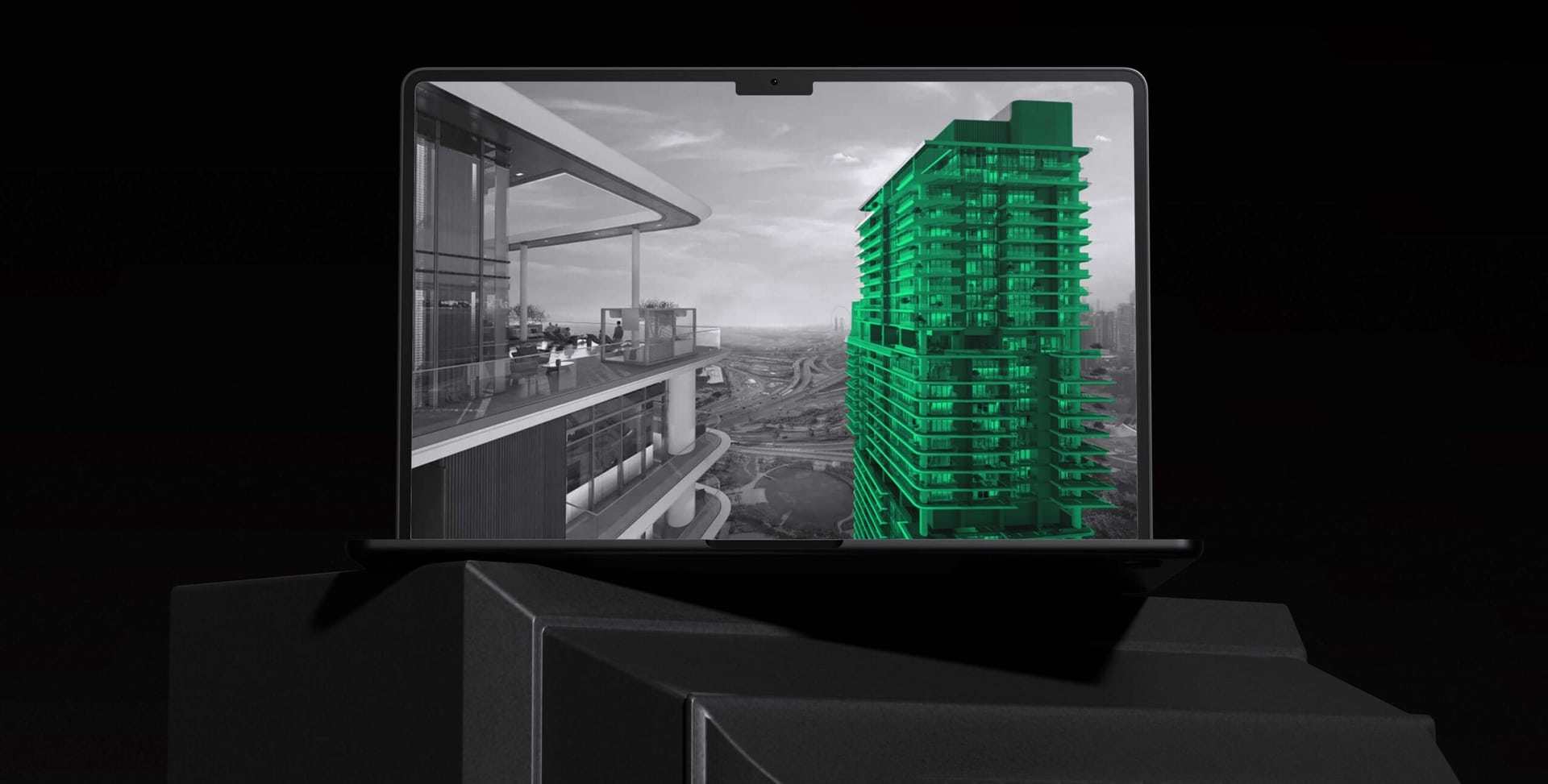 3D render of a residential tower rooftop, CGI visualization for real estate