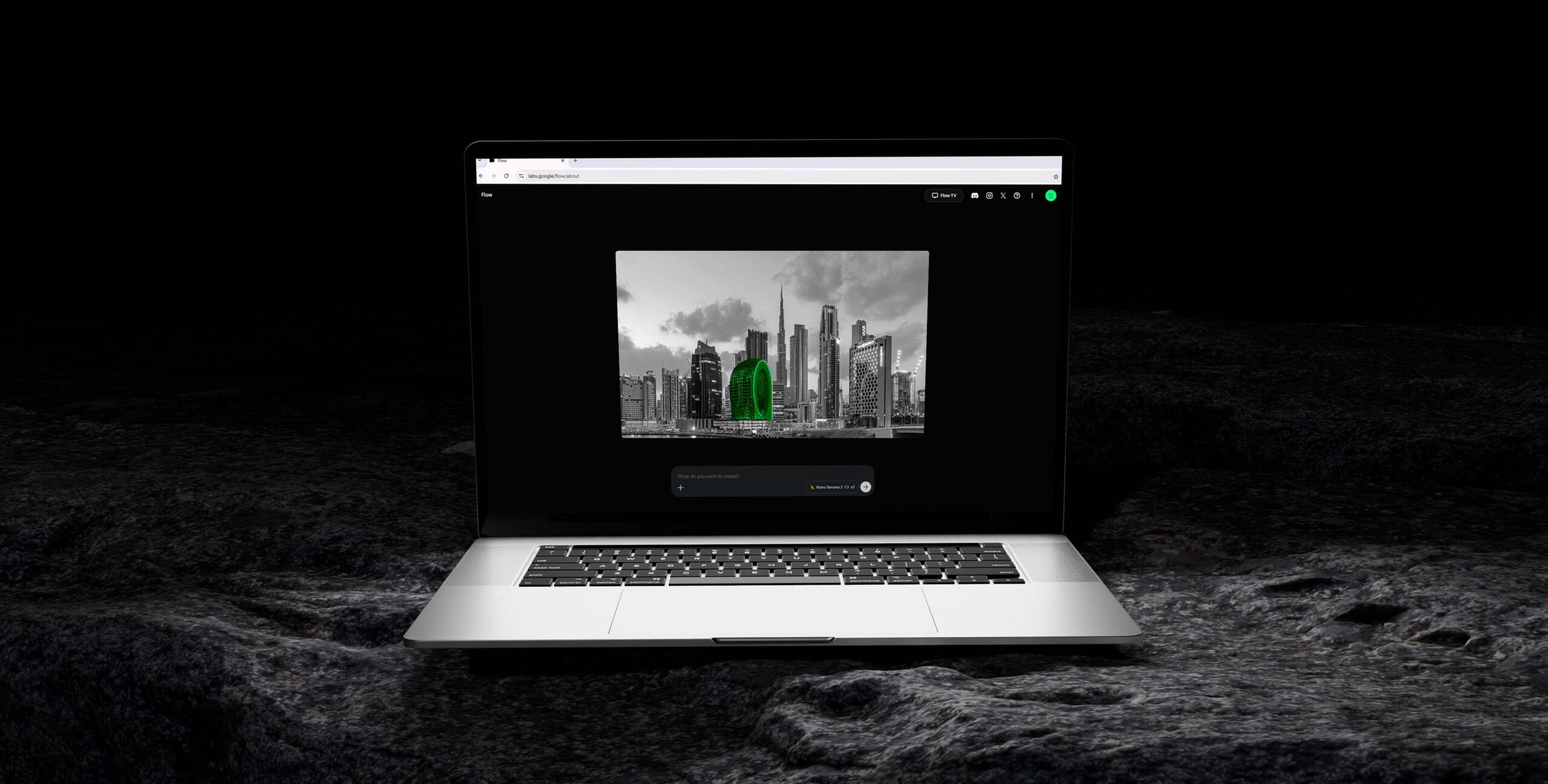 AI image tool rendering a Dubai skyline building, AI CGI for real estate