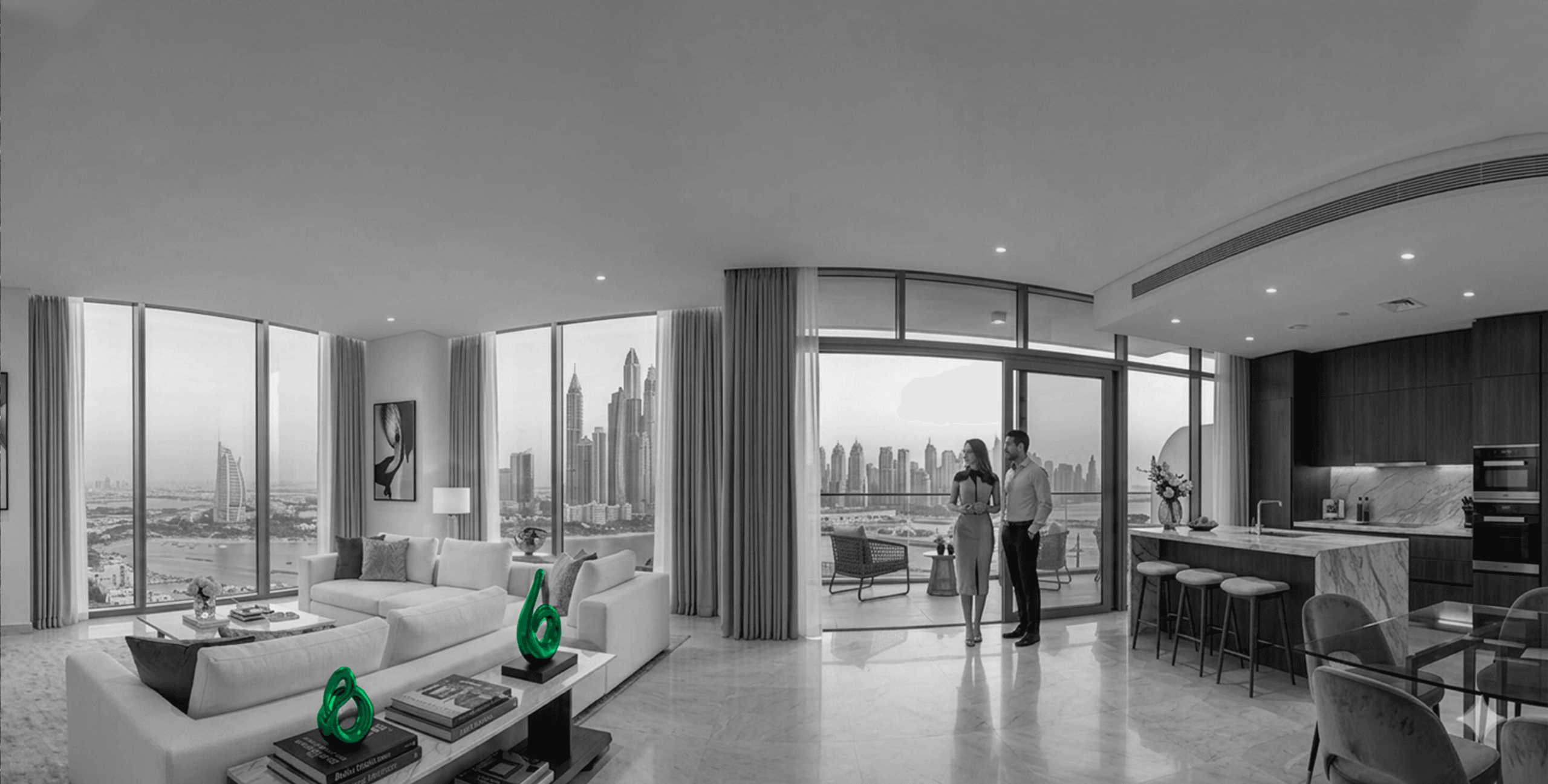 Couple on a Dubai Marina balcony, luxury real estate lifestyle marketing