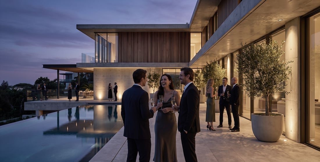 Guests on a villa rooftop terrace, luxury real estate networking event