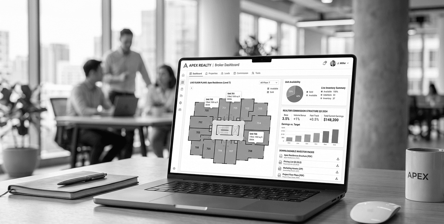 Broker portal dashboard showing inventory and commission information for real estate partners