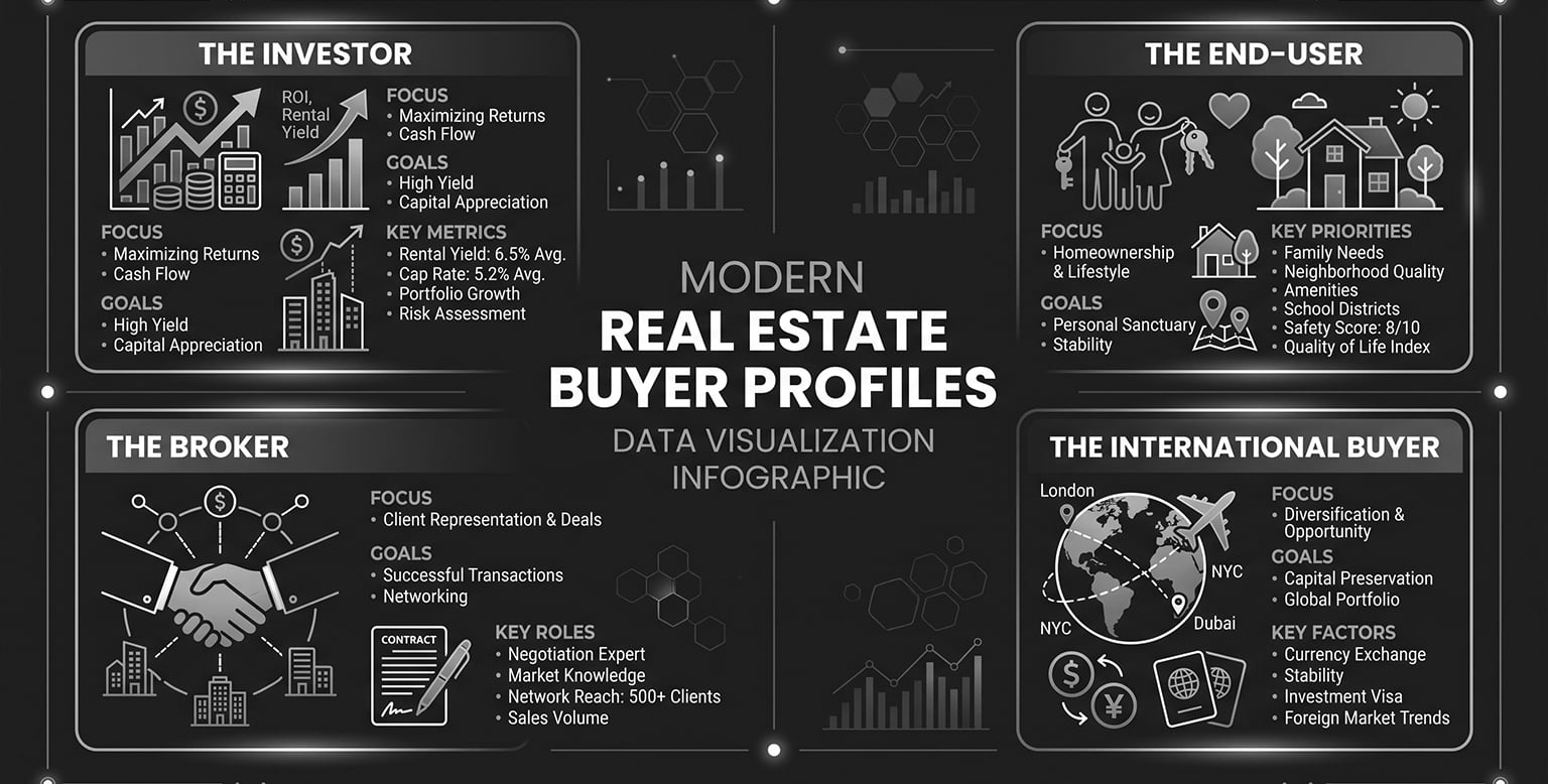 Investor, end-user, broker and international buyer segments for a real estate development