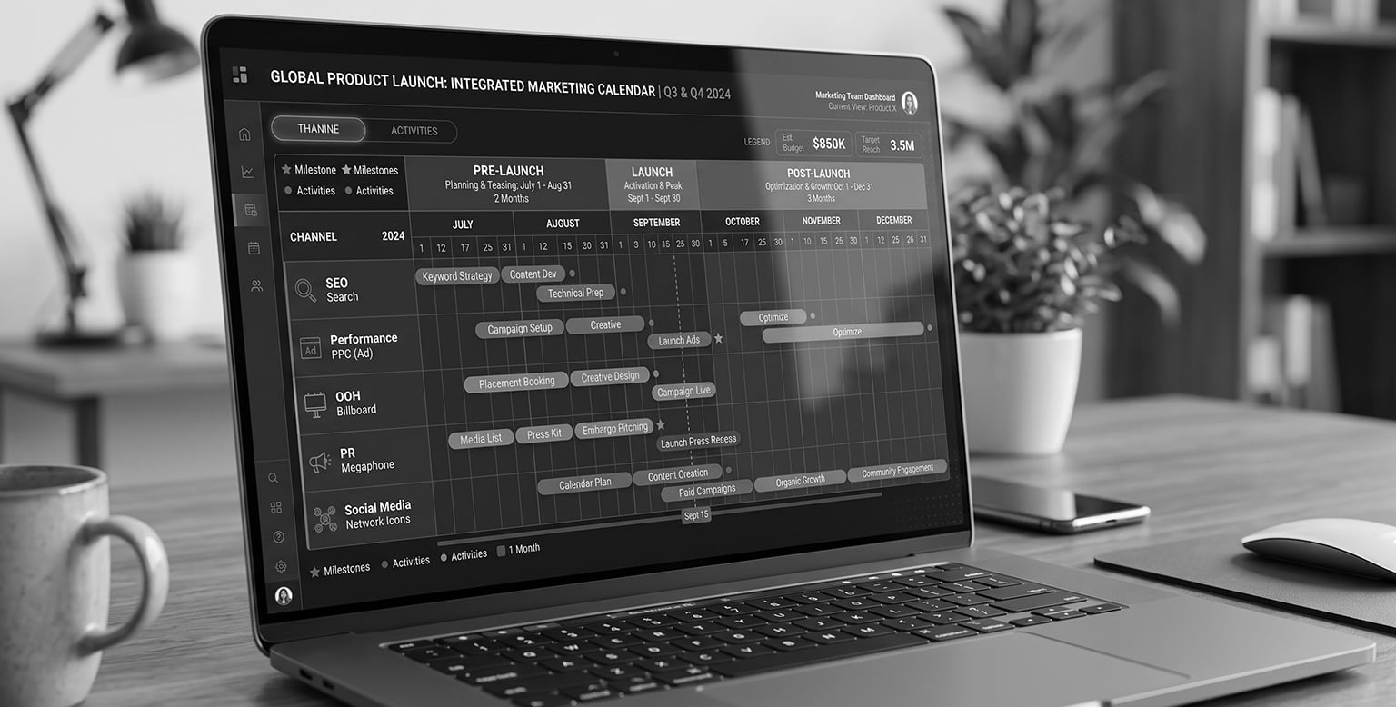 Real estate marketing channel calendar across pre-launch, launch and post-launch phases