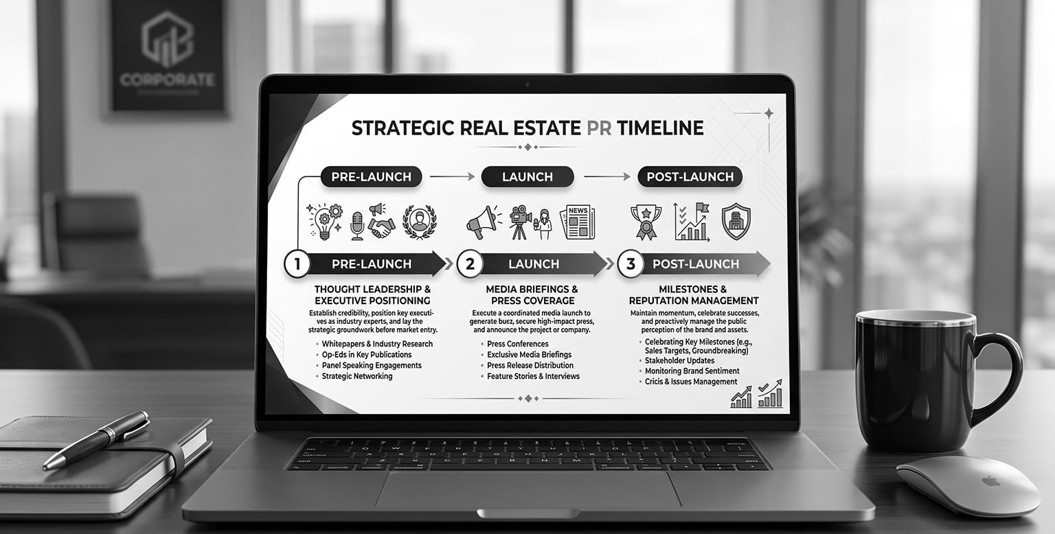 Pre-launch, launch and post-launch PR timeline for a real estate development