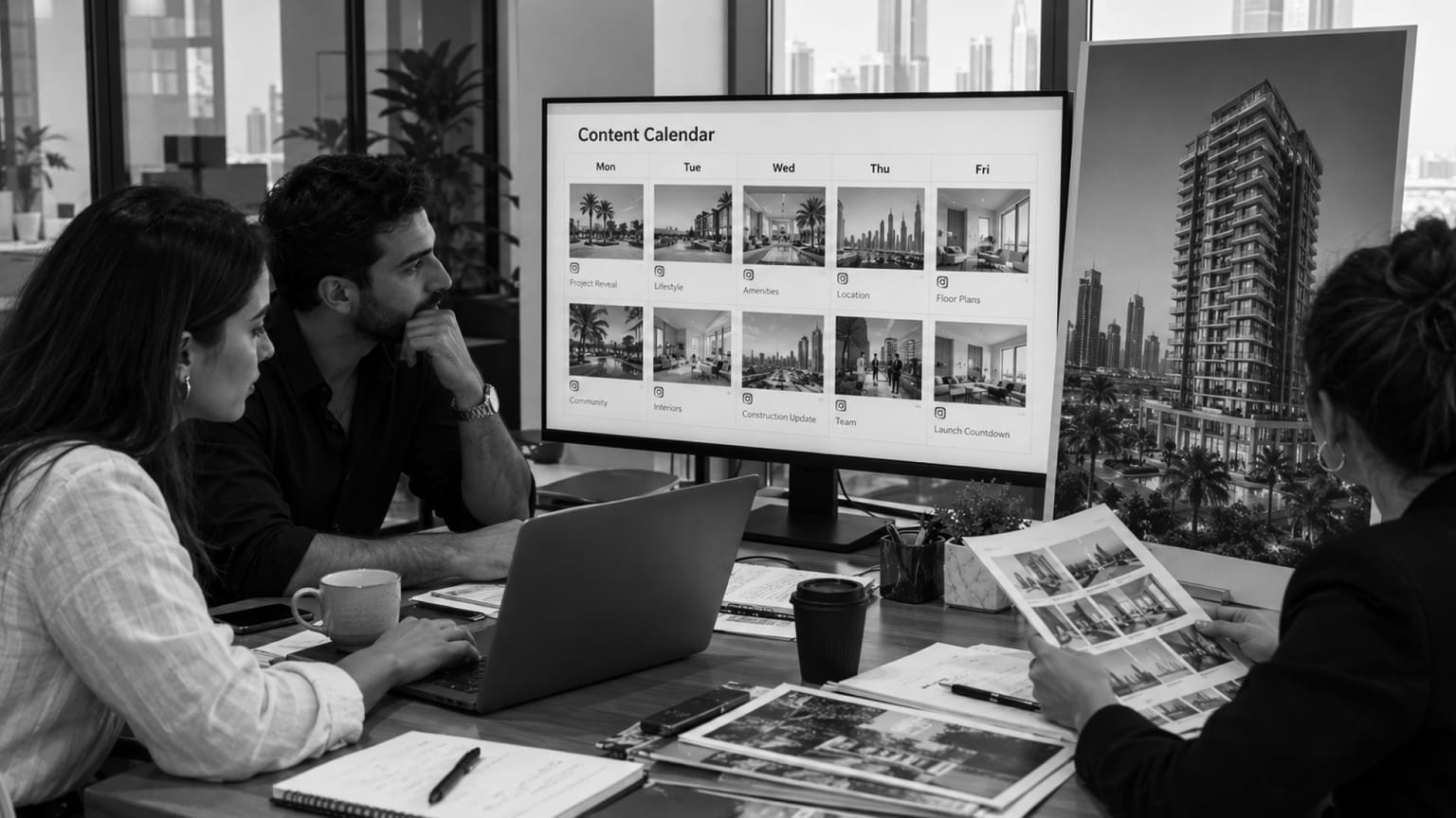 Dubai developer marketing team planning social media posts for an off-plan launch