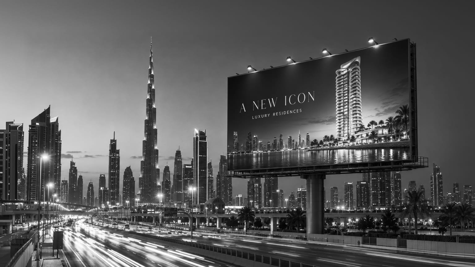 luxury tower launch billboard on Sheikh Zayed Road at dusk