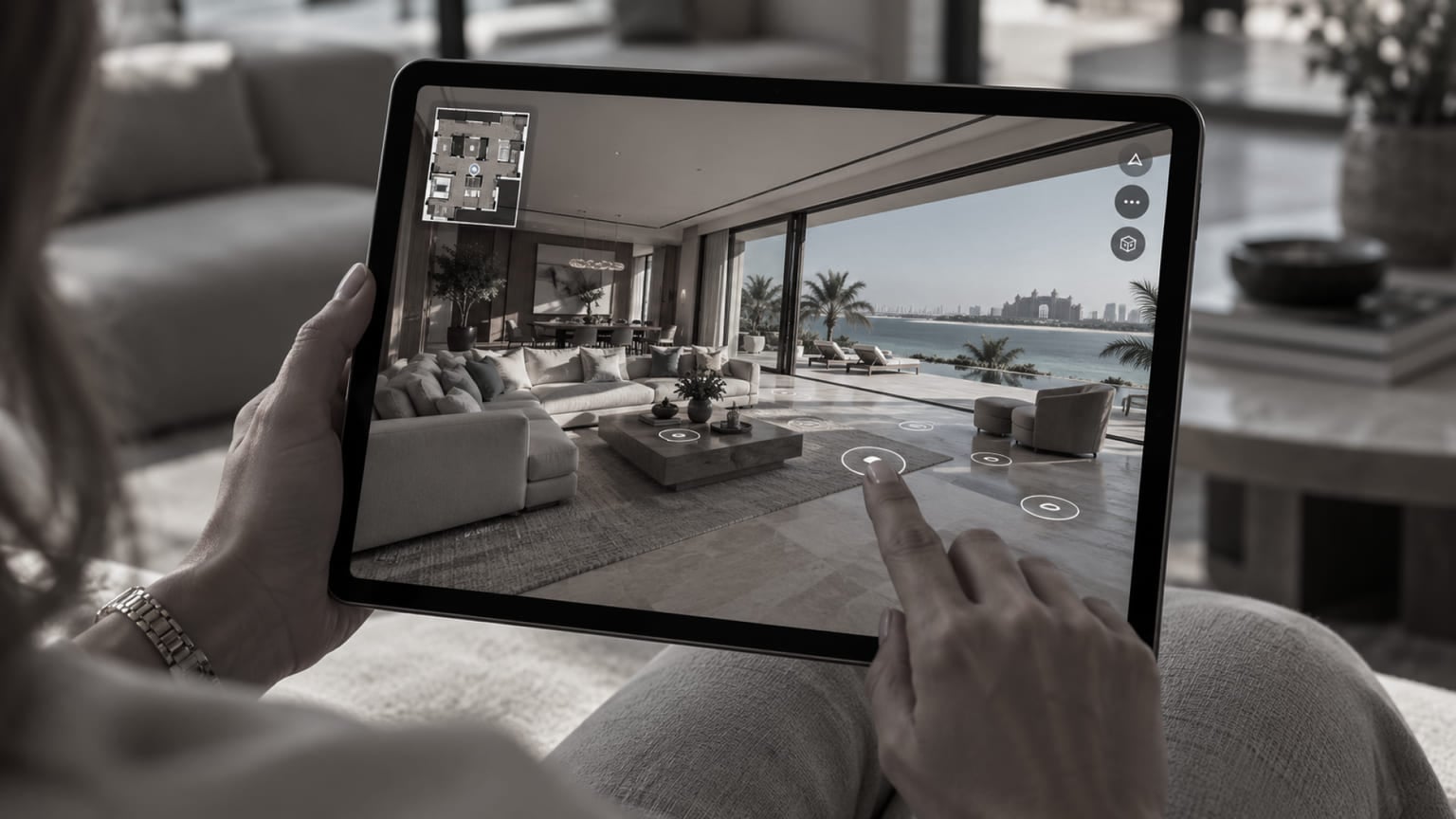 3D virtual walkthrough of a Palm Jumeirah villa on a tablet