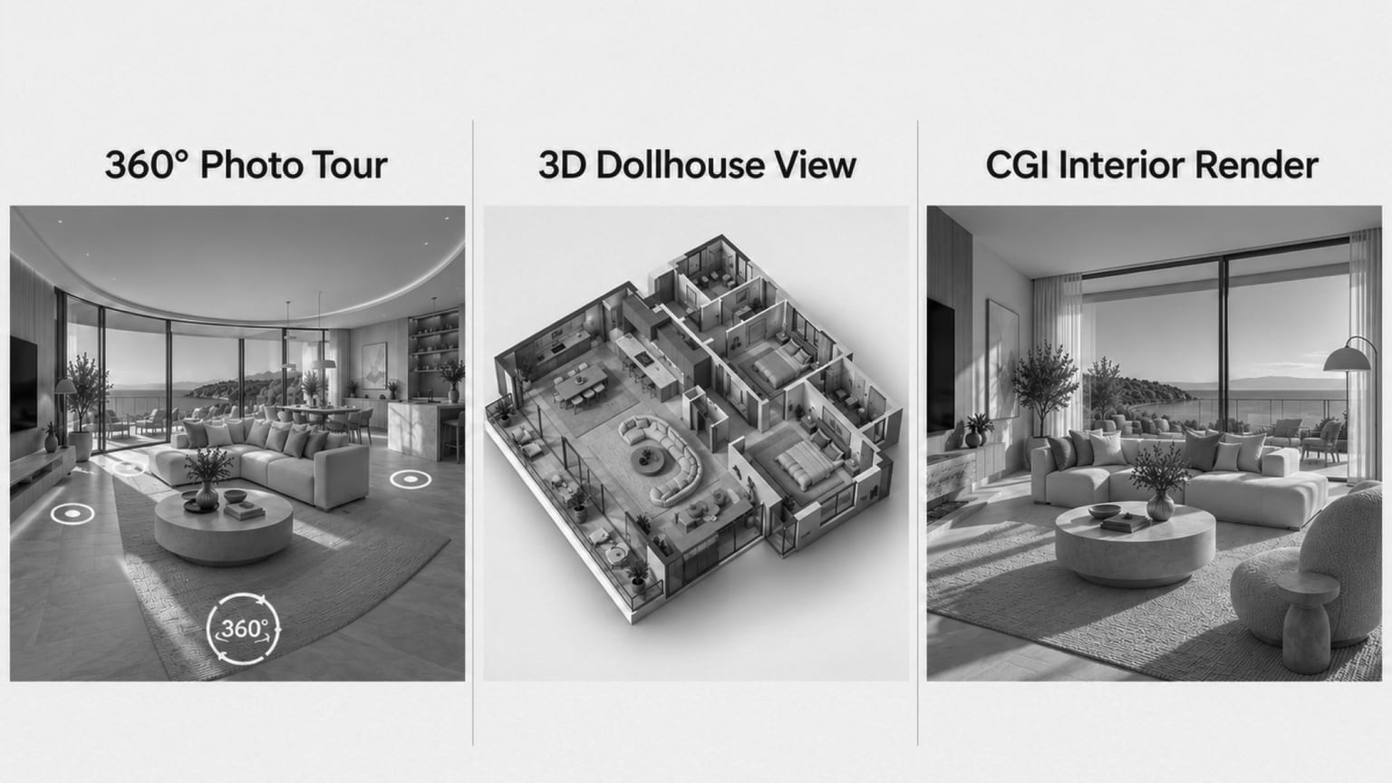 types of virtual property tours – 360 photo, 3D dollhouse and CGI render