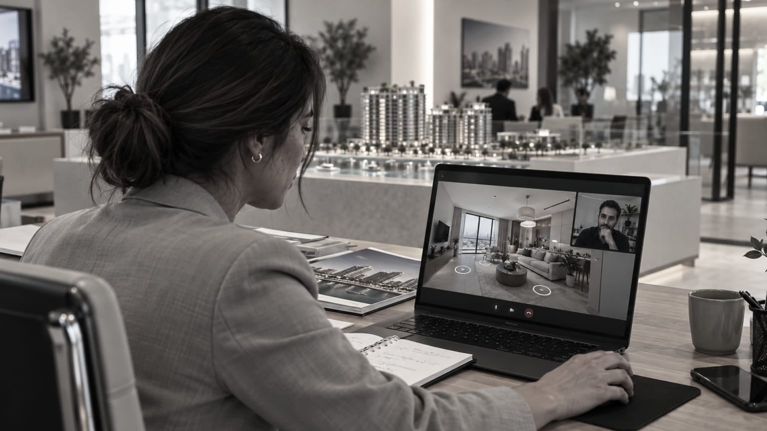 agent guiding an overseas buyer through virtual real estate tours on a video call
