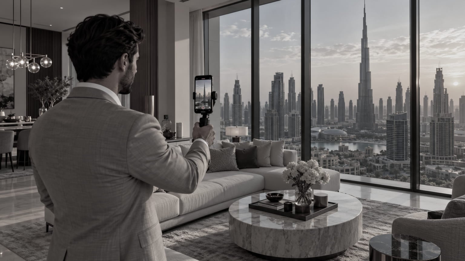 real estate agent filming a Downtown Dubai listing Reel for Instagram
