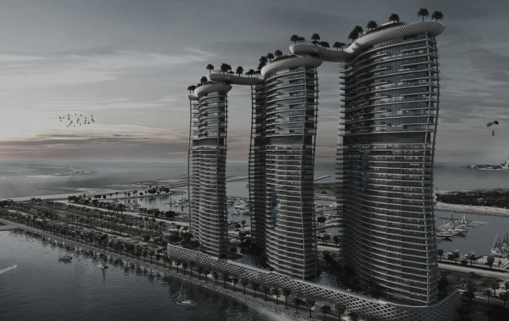Waterfront towers reflecting luxury real estate branding
