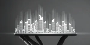 Holographic city skyline on hand