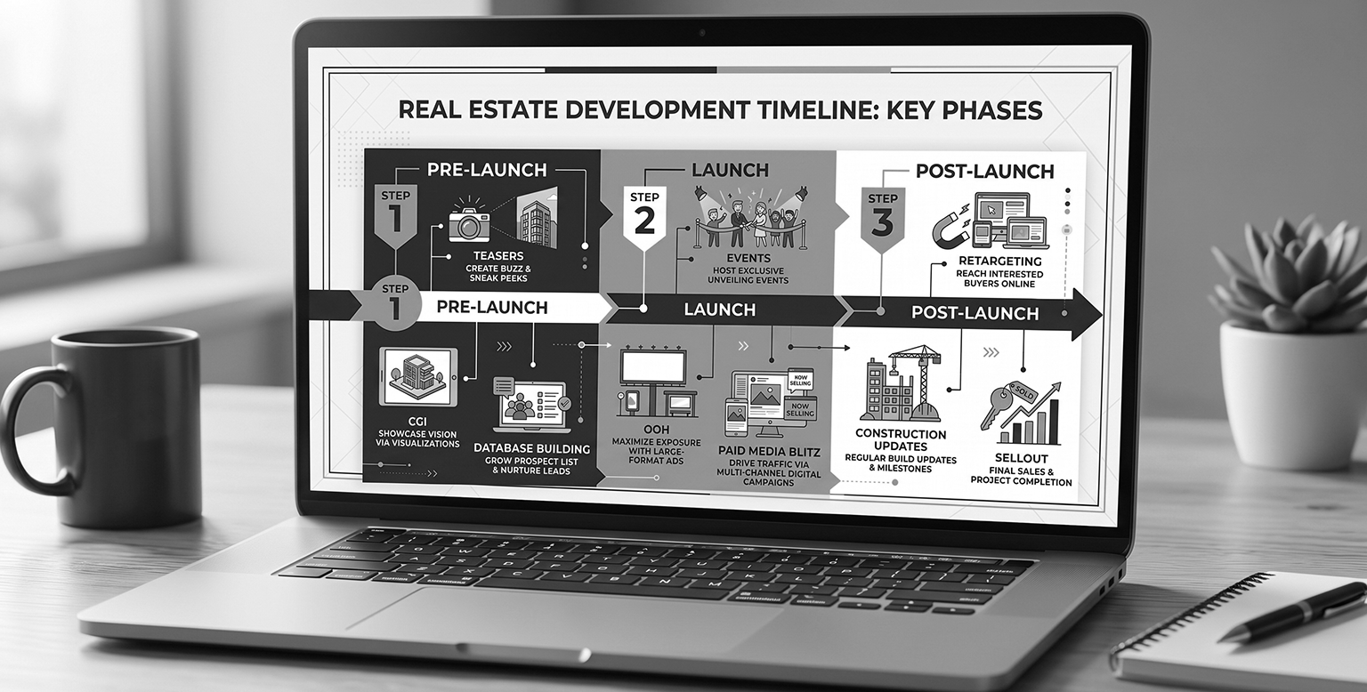 Property development marketing timeline from pre-launch to sellout