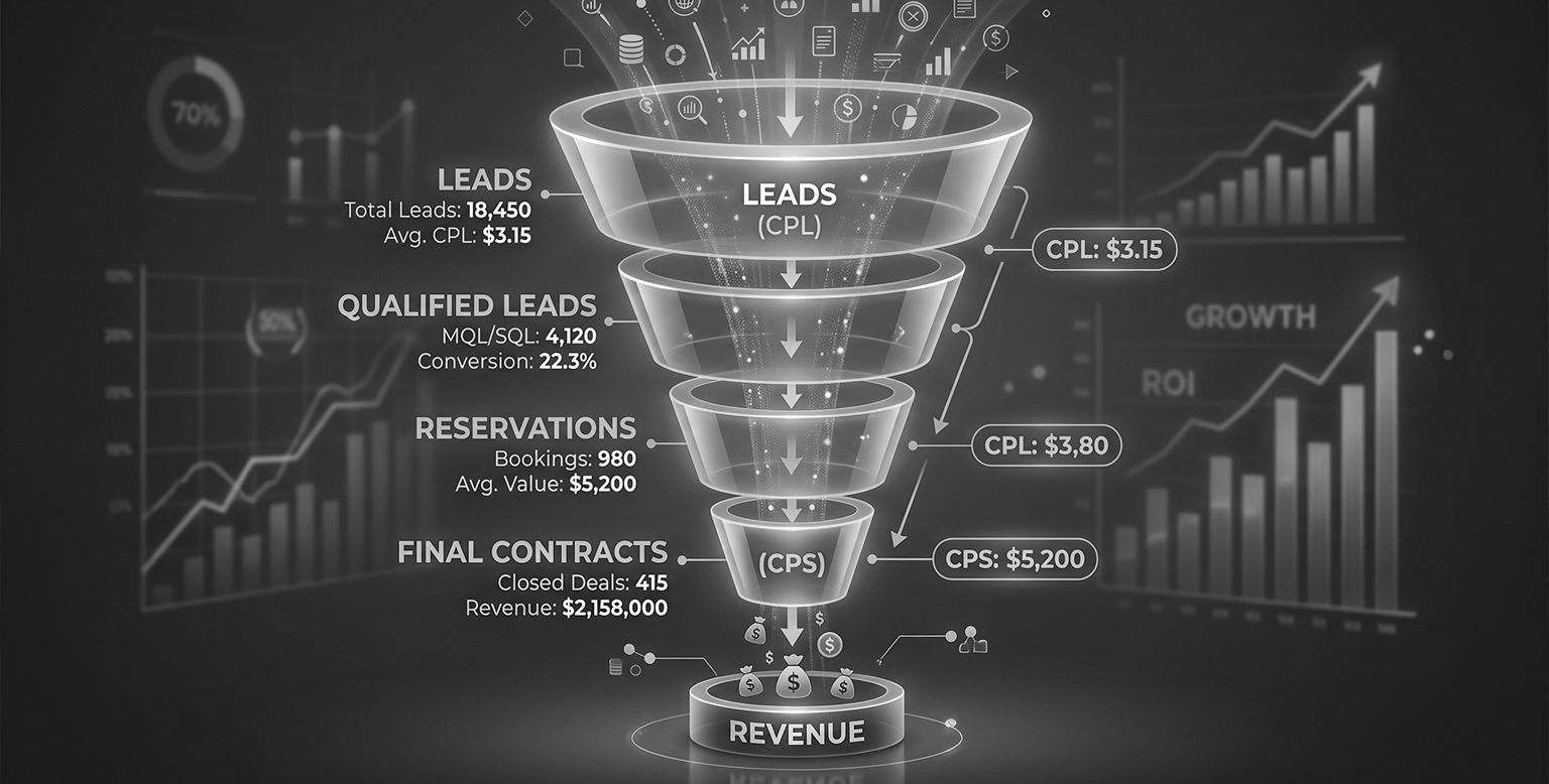 Full-funnel measurement of real estate developer marketing ROI from lead to contract