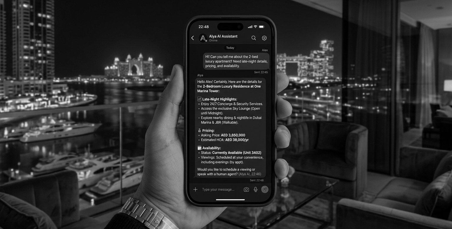 AI chat assistant answering a buyer's late-night property enquiry